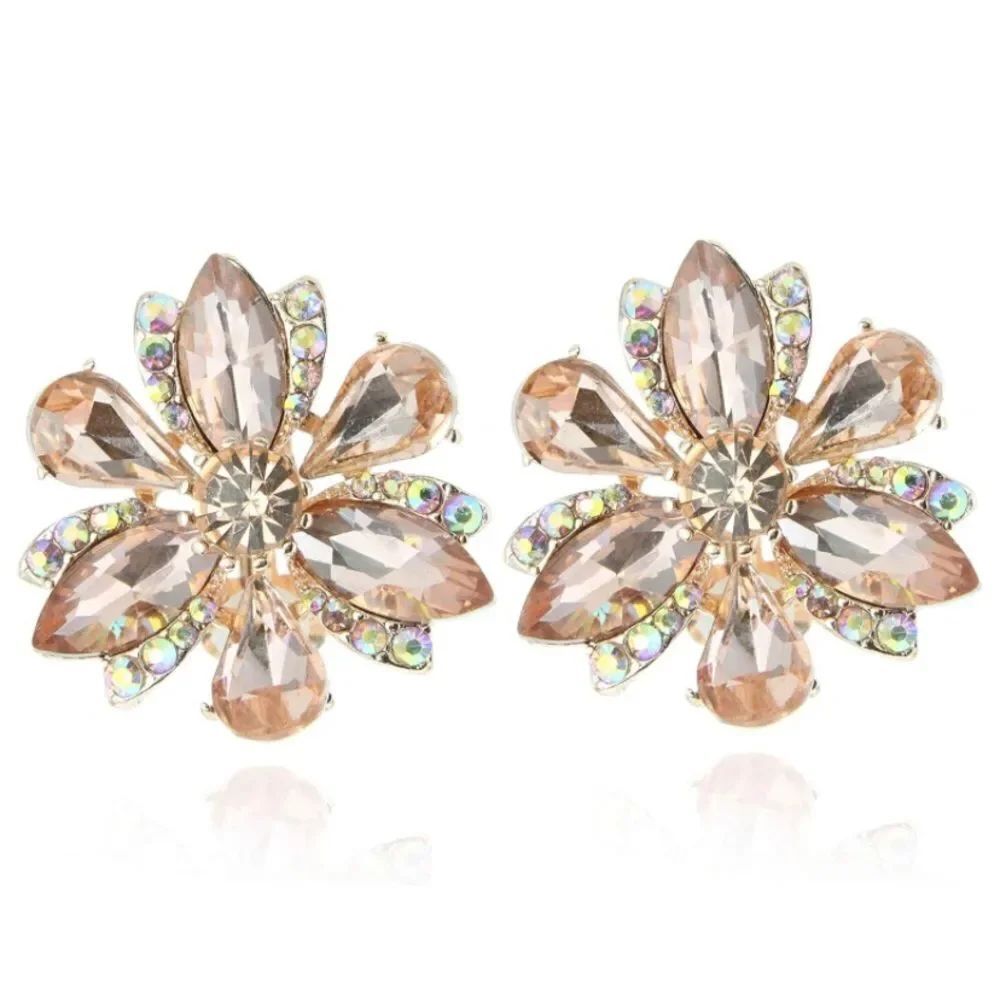 Rose Gold with Champagne Topaz and AB Crystal Flower Cushion Clip On Earrings